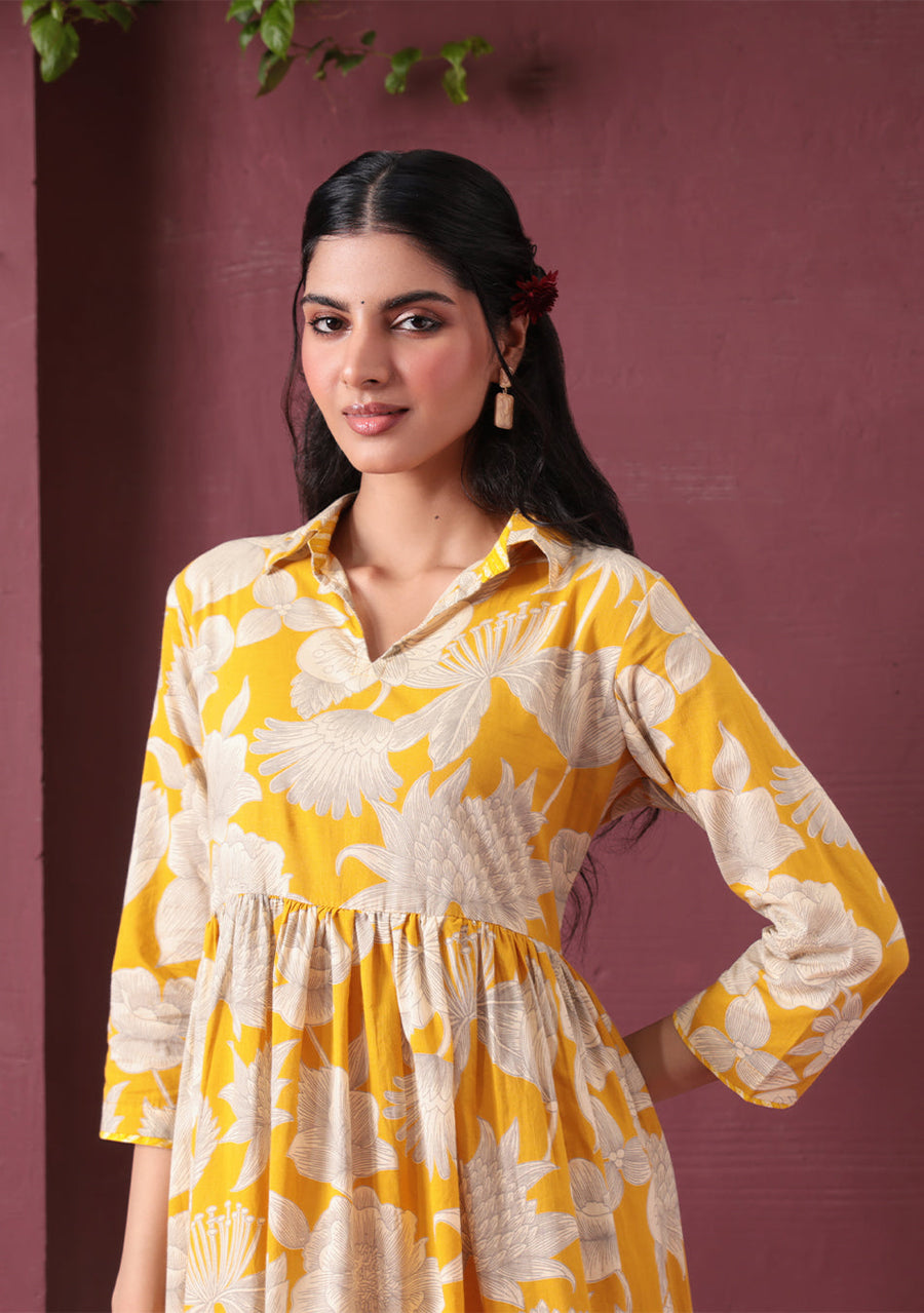Yellow Botanical Tiered Dress
