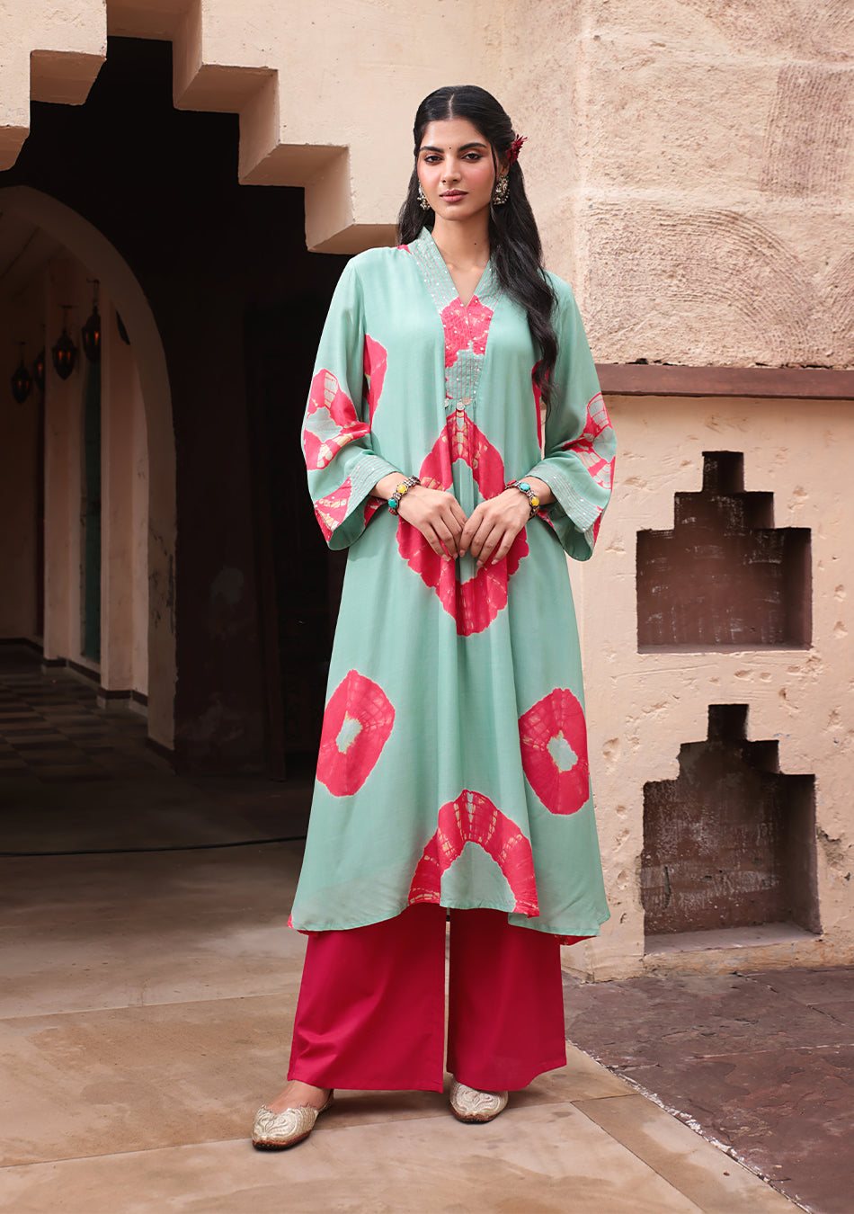 Mint Red Tie-Dye Modal Kurta Set