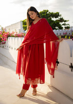 Crimson Elegance Embroidered Suit Set