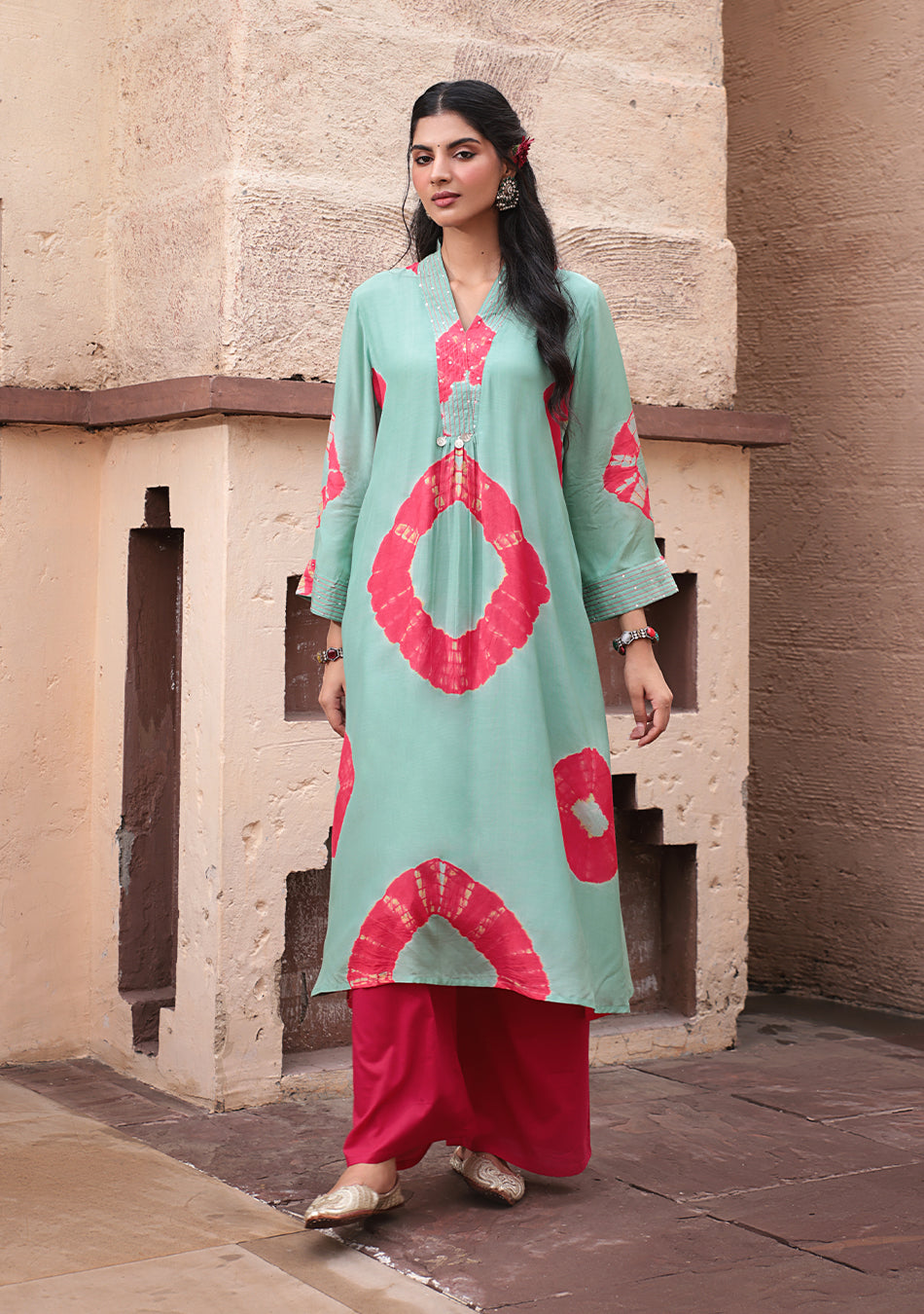 Mint Red Tie-Dye Modal Kurta Set