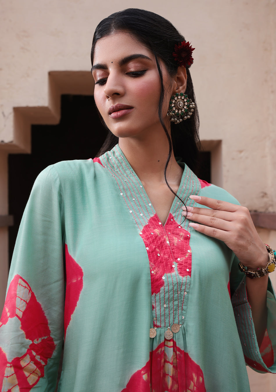 Mint Red Tie-Dye Modal Kurta Set