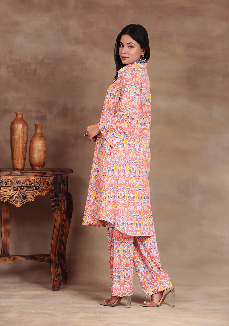 Coral Ikkat Glow Co-ord Set