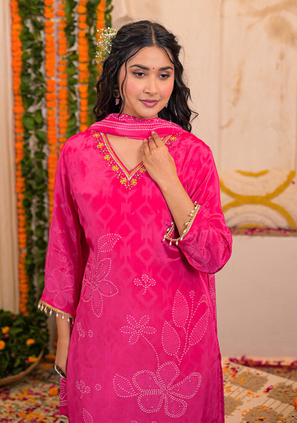 Ammanya Fuchsia Bloom Crepe Suit Set