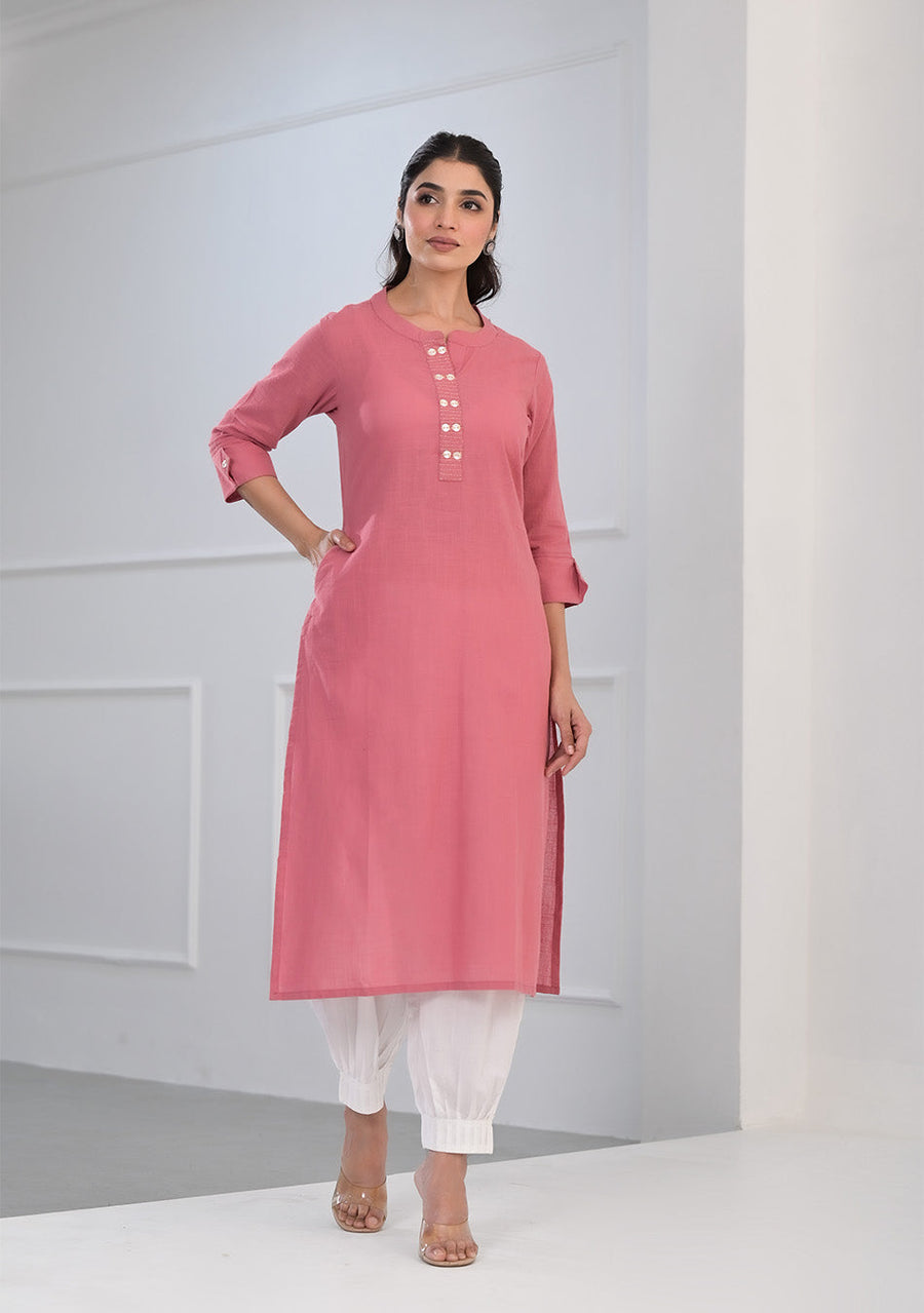 Pink Solid Cotton Kurta