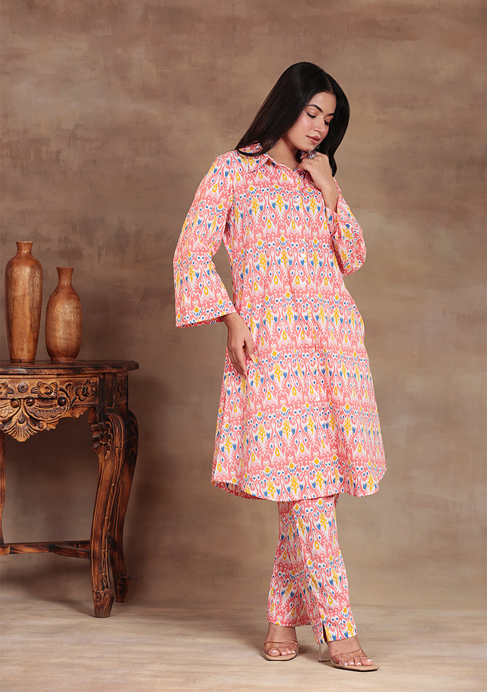 Coral Ikkat Glow Co-ord Set