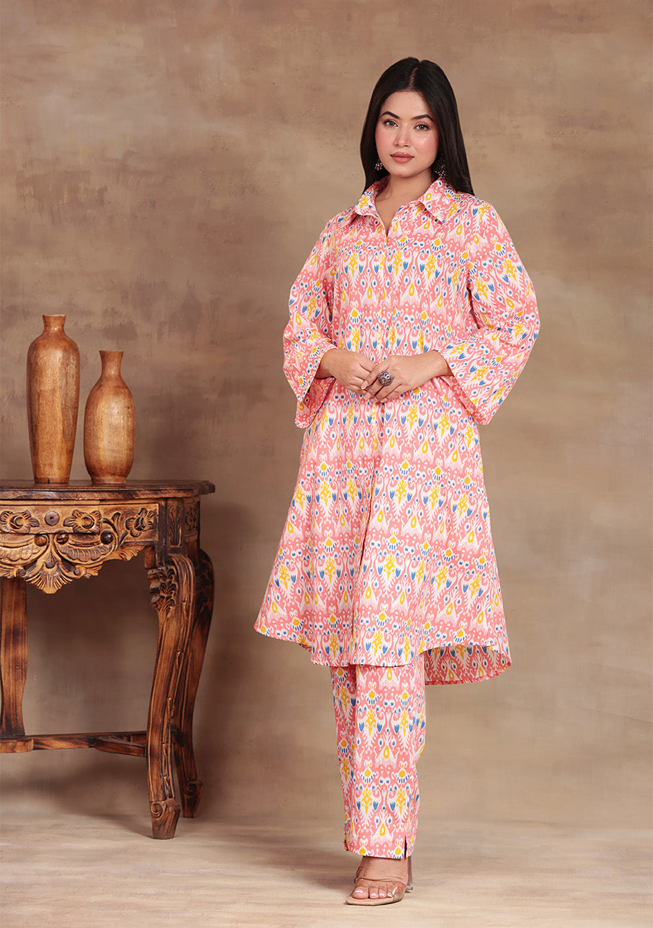 Coral Ikkat Glow Co-ord Set