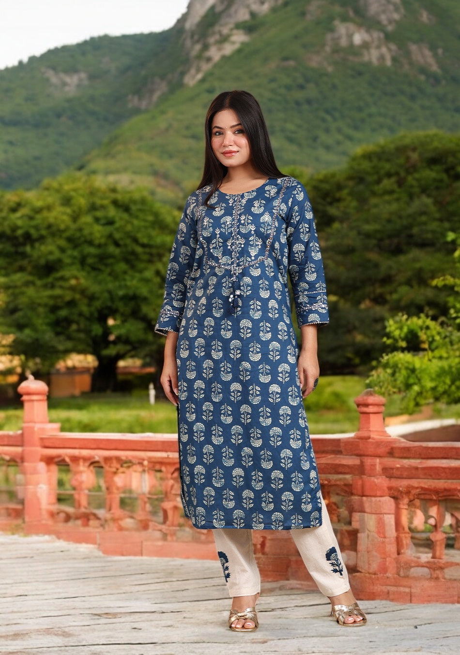Indigo Floral Motif Suit Set