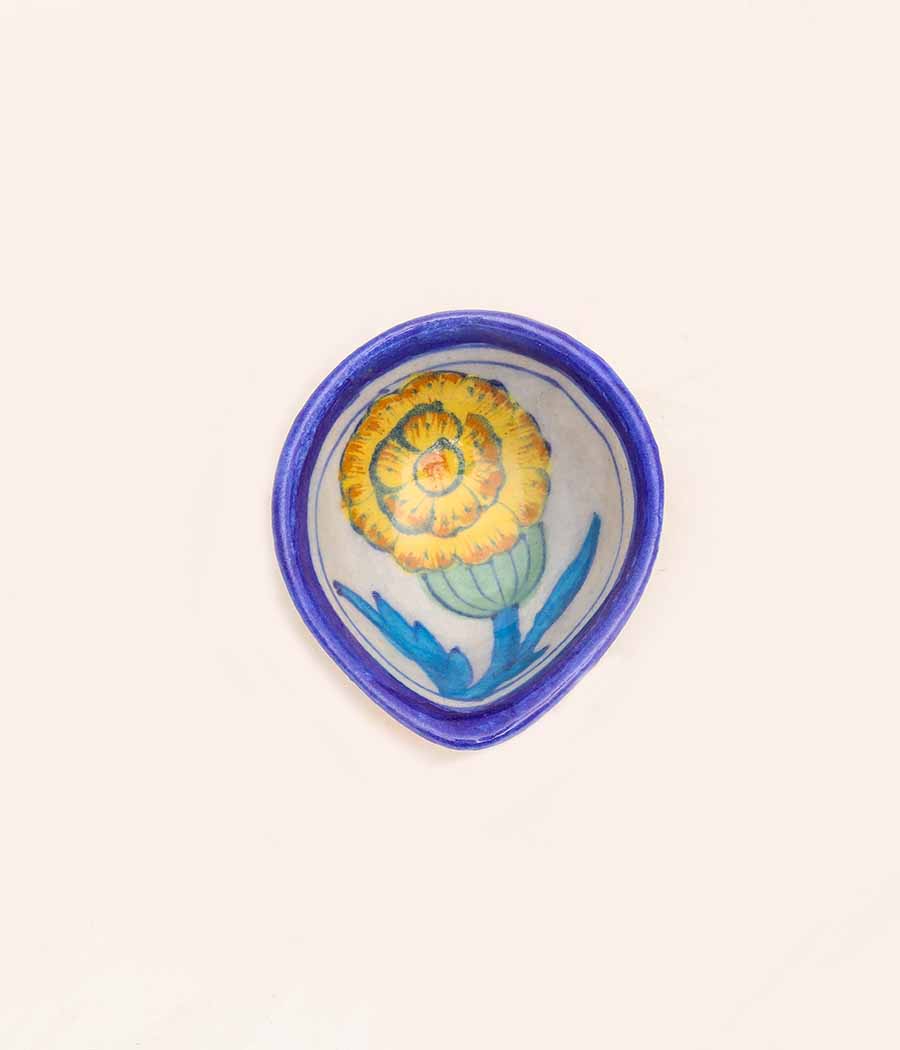 Blue Pottery Traditional Yellow Flower Design Diya - Set of 6