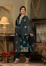 Emerald Green Muslin silk with Intricate Zari Dupatta