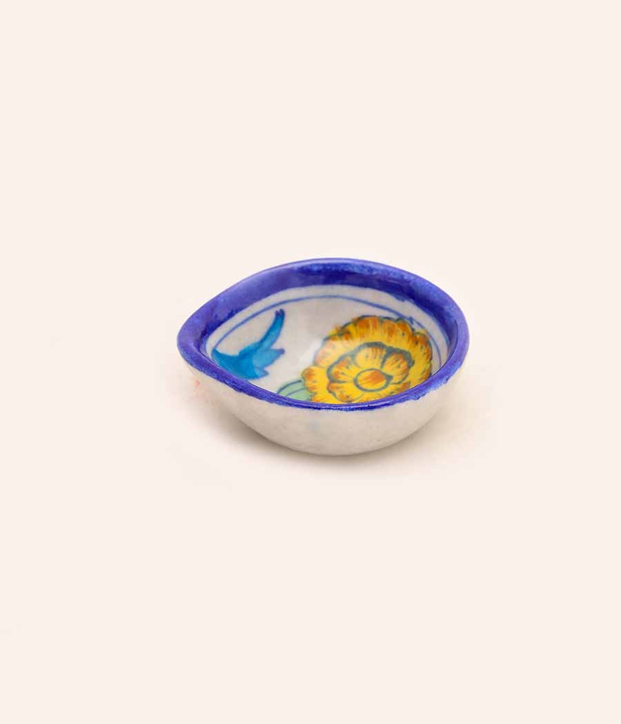 Blue Pottery Traditional Yellow Flower Design Diya - Set of 6