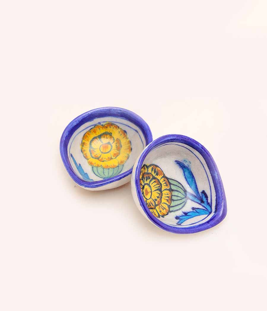 Blue Pottery Traditional Yellow Flower Design Diya - Set of 6