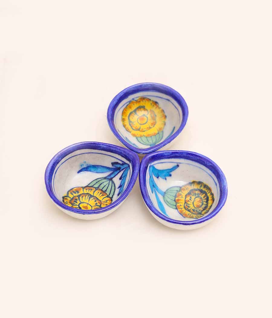 Blue Pottery Traditional Yellow Flower Design Diya - Set of 6