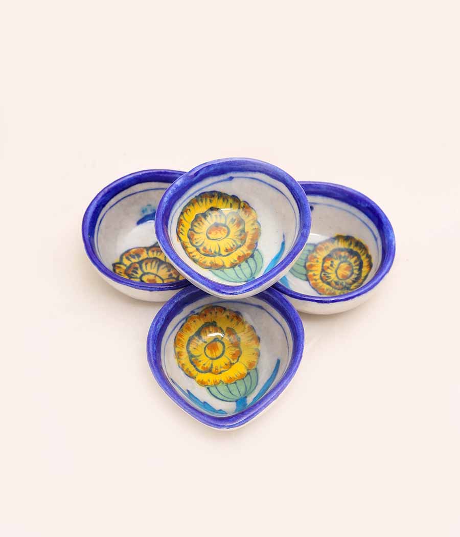 Blue Pottery Traditional Yellow Flower Design Diya - Set of 6