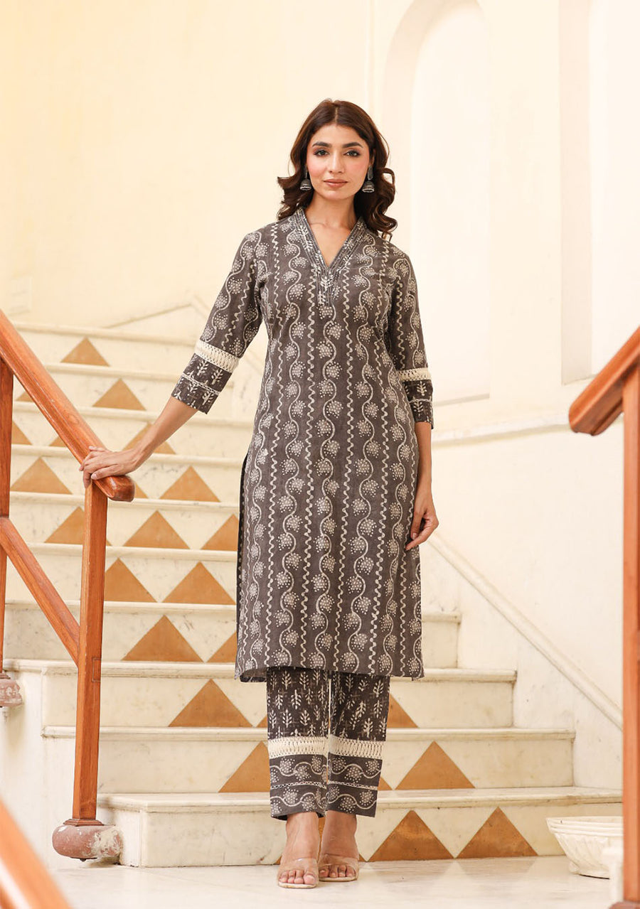 Cocoa Brown Dabu Print Suit Set