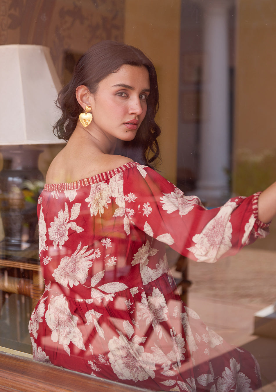 Crimson Bloom Off Shoulder Dress