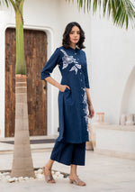 Navy Blue Floral Pattern Kurta pant Set