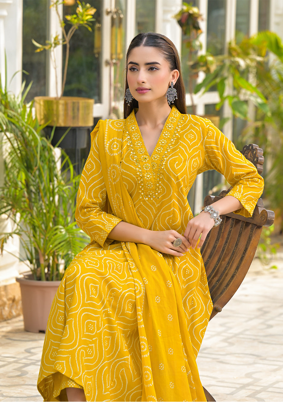 Mustard Bandhani Anarkali Suit Set