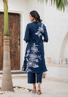 Navy Blue Floral Pattern Kurta pant Set