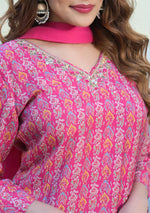 Pink Floral Printed Muslin Straight Kurta Pant with Dupatta