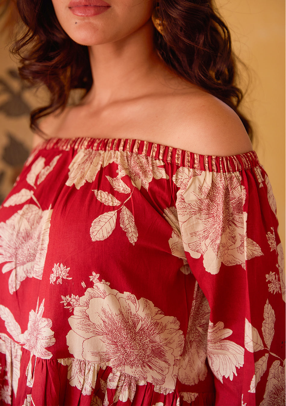 Crimson Bloom Off Shoulder Dress