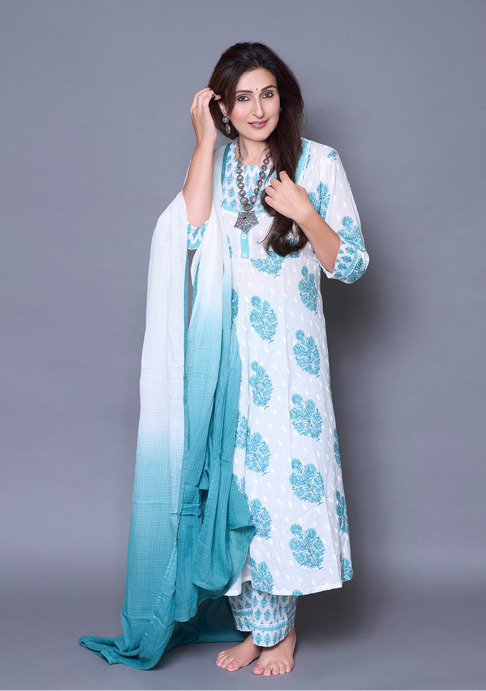 Blue Blossom Cotton Anarkali Suit