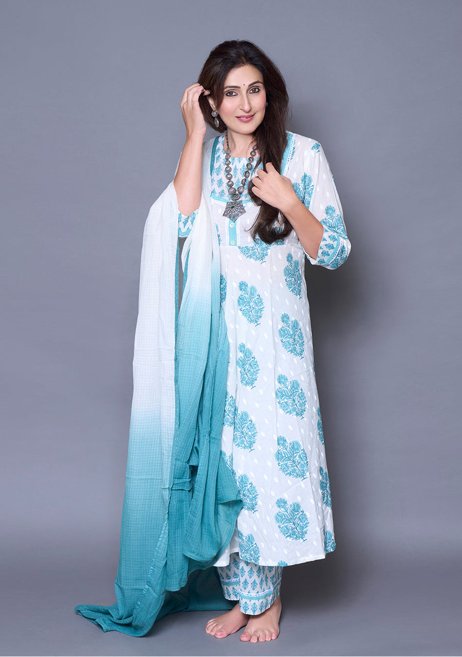 Blue Blossom Cotton Anarkali Suit