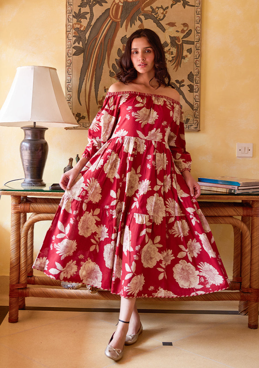 Crimson Bloom Off Shoulder Dress