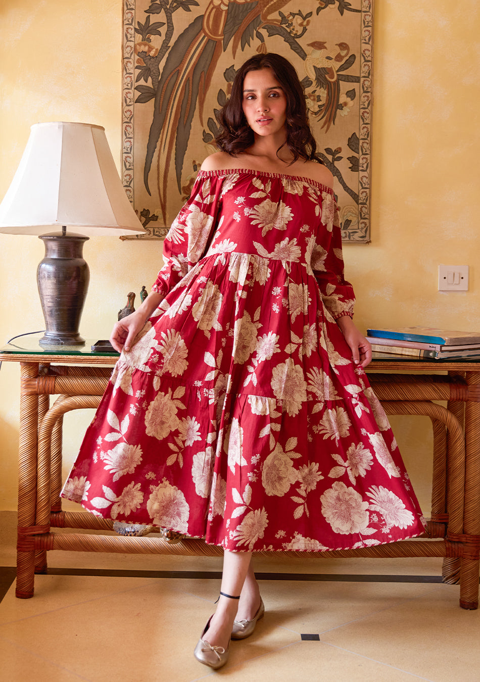 Ammanya Crimson Bloom Off Shoulder Dress