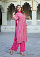 Pink Floral Printed Muslin Straight Kurta Pant with Dupatta