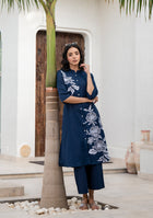 Navy Blue Floral Pattern Kurta pant Set