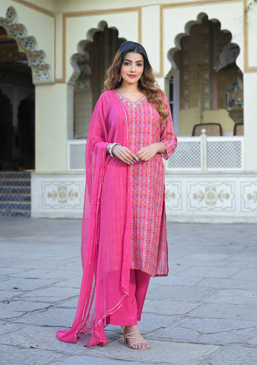 Pink Floral Printed Muslin Straight Kurta Pant with Dupatta