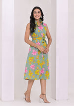 Sage Green Floral Print A-Line Midi Dress