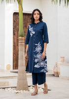 Navy Blue Floral Pattern Kurta pant Set
