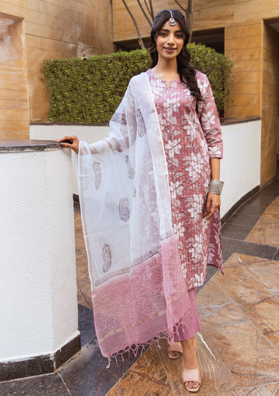 Plum Aura Suit Set with Kota Dupatta