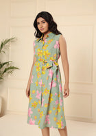 Sage Green Floral Print A-Line Midi Dress