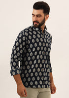 Navy Blue Printed Pure Cotton Regular Fit Casual Shirt
