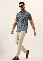 Blue Geometric Pure Cotton Regular Fit Casual Shirt
