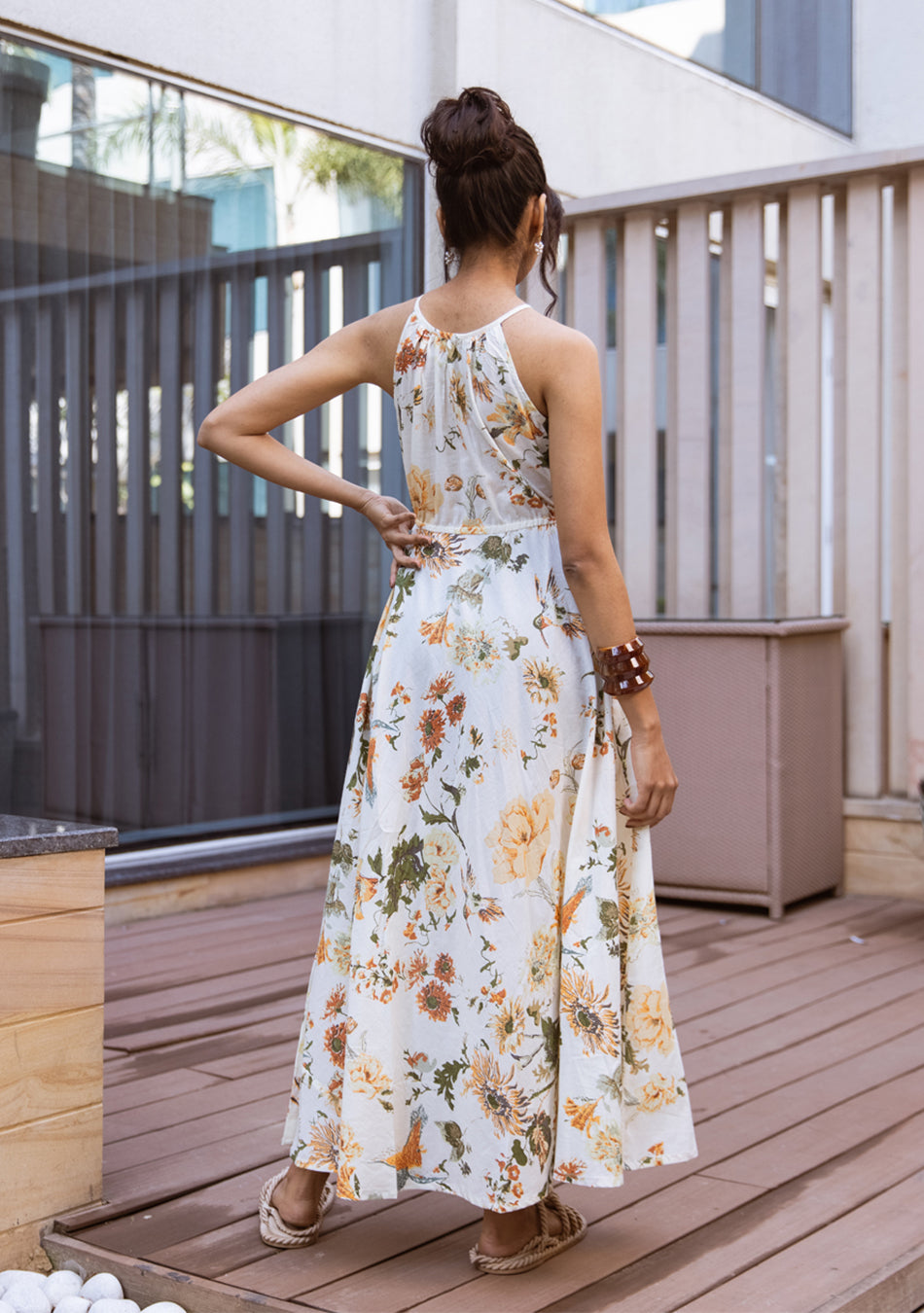 Ammanya IVORY BOTANICAL HALTER MAXI DRESS