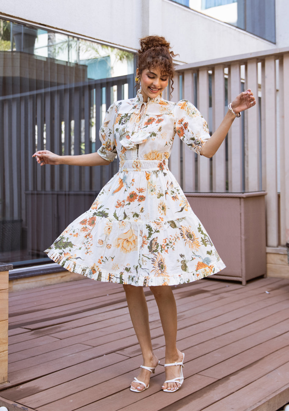 Ammanya Ivory Botanical Ruffle Midi Dress