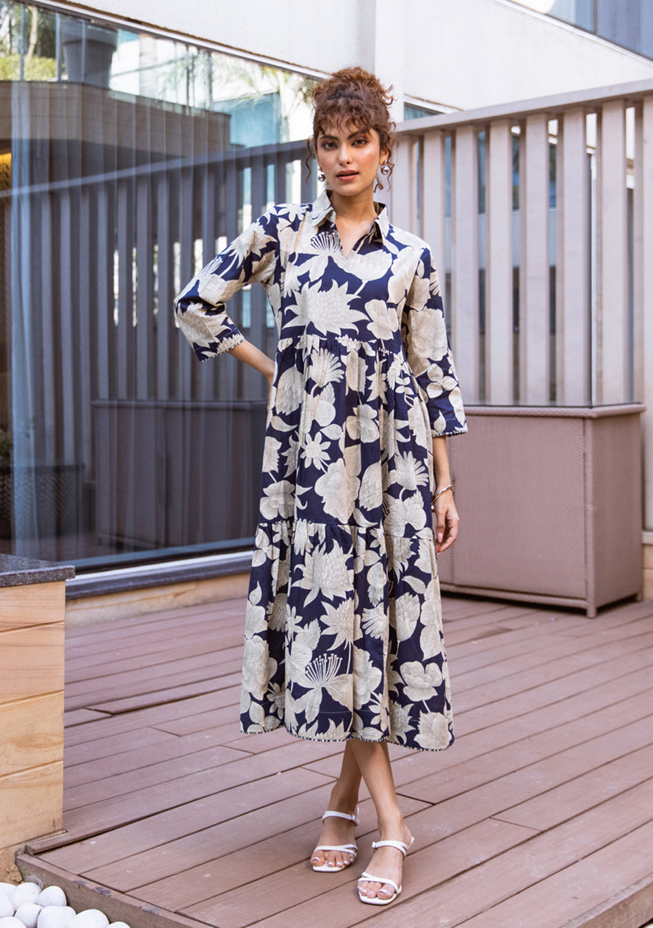 Ammanya Navy Botanical Tiered Dress