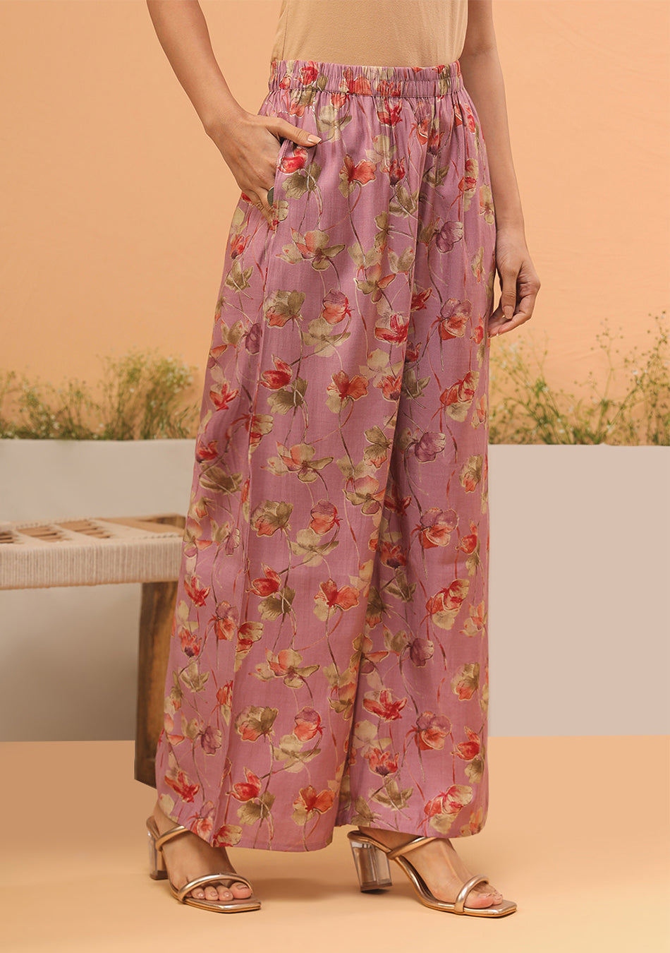 Ammanya Pink Floral Print Muslin Peplum Top With Bell-Bottom