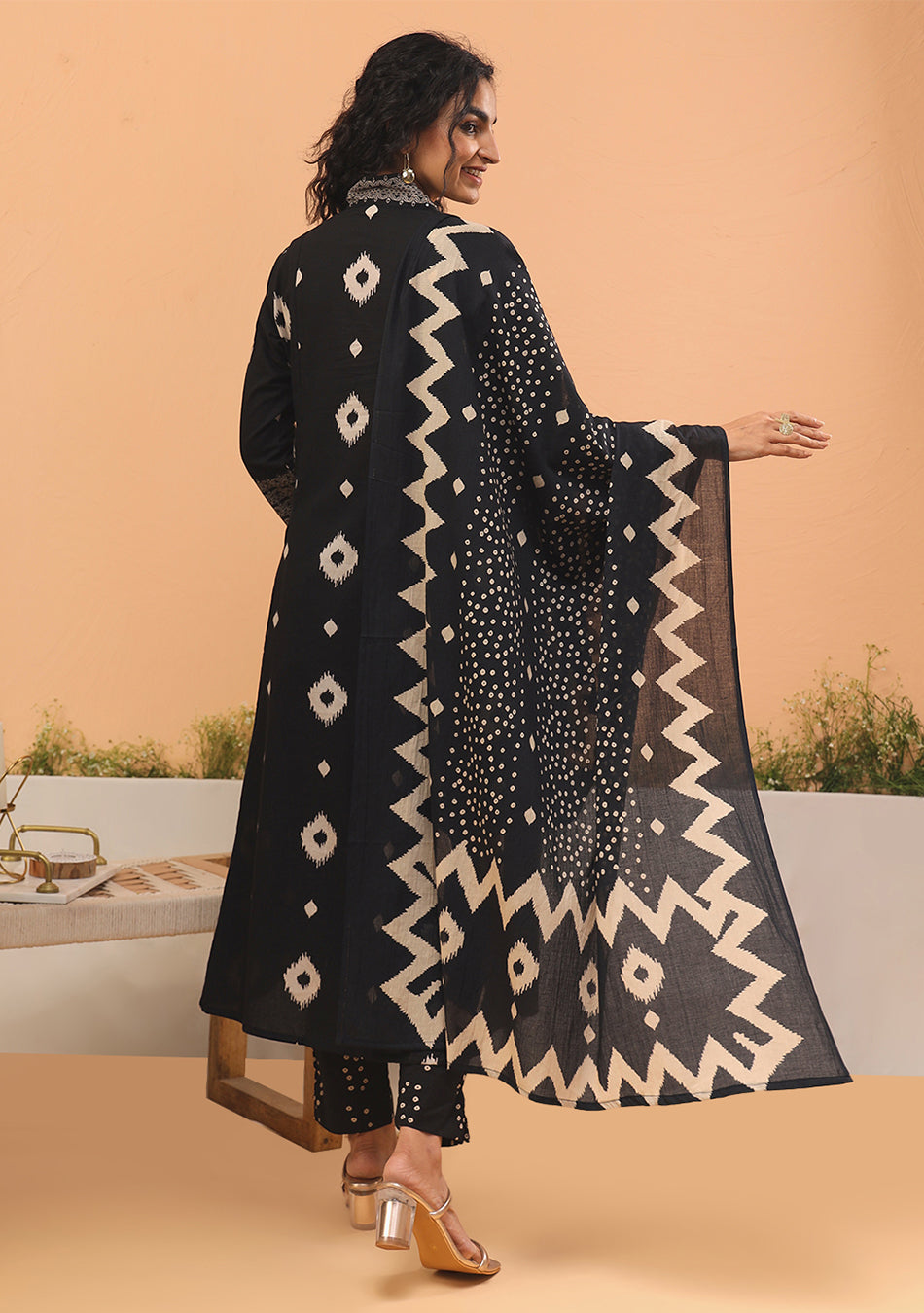 Black Ikkat Kurta Pant Set With Dupatta