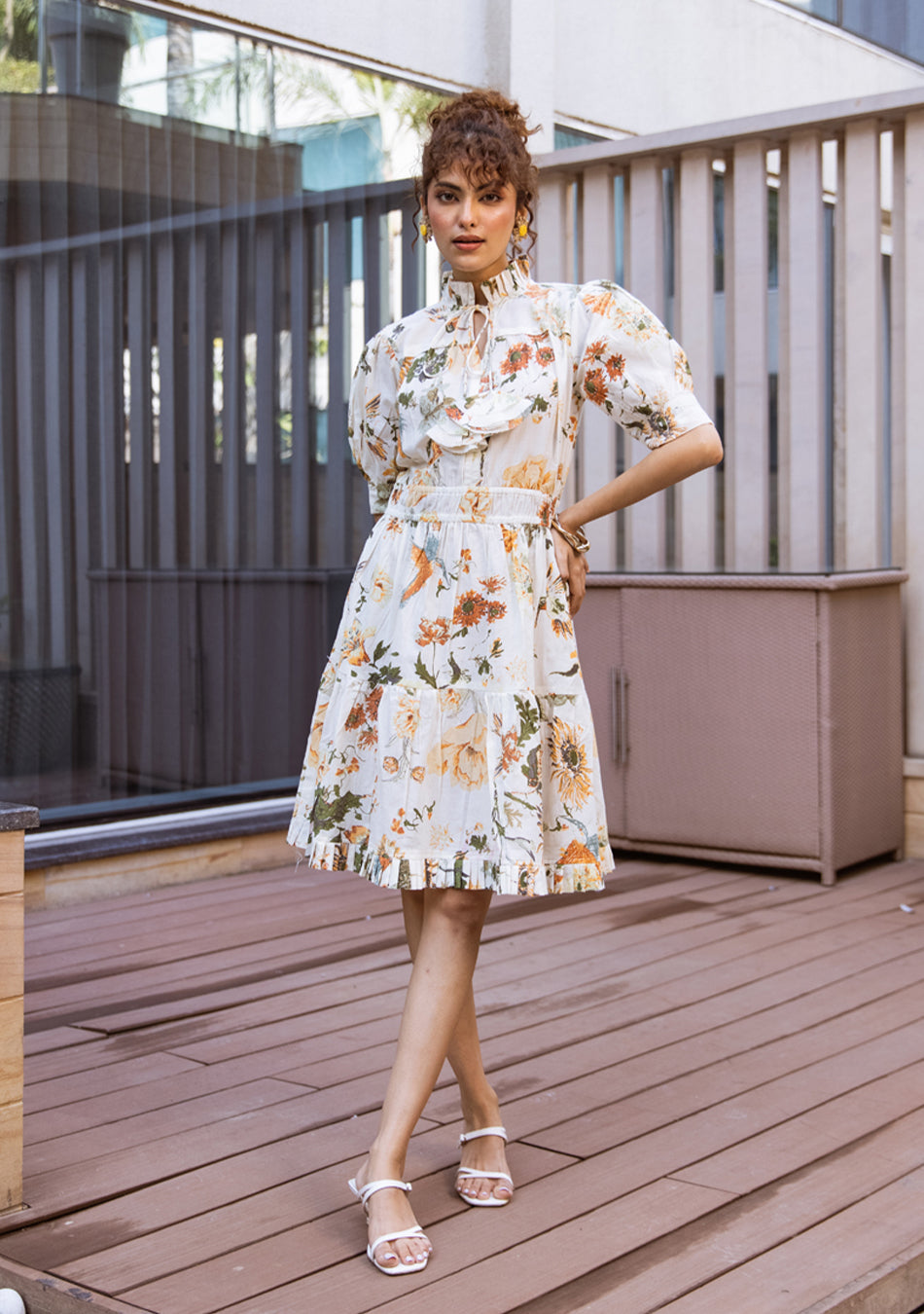 Ammanya Ivory Botanical Ruffle Midi Dress