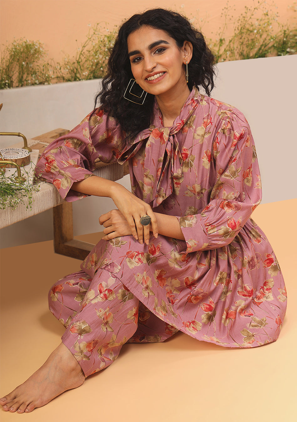 Ammanya Pink Floral Print Muslin Peplum Top With Bell-Bottom