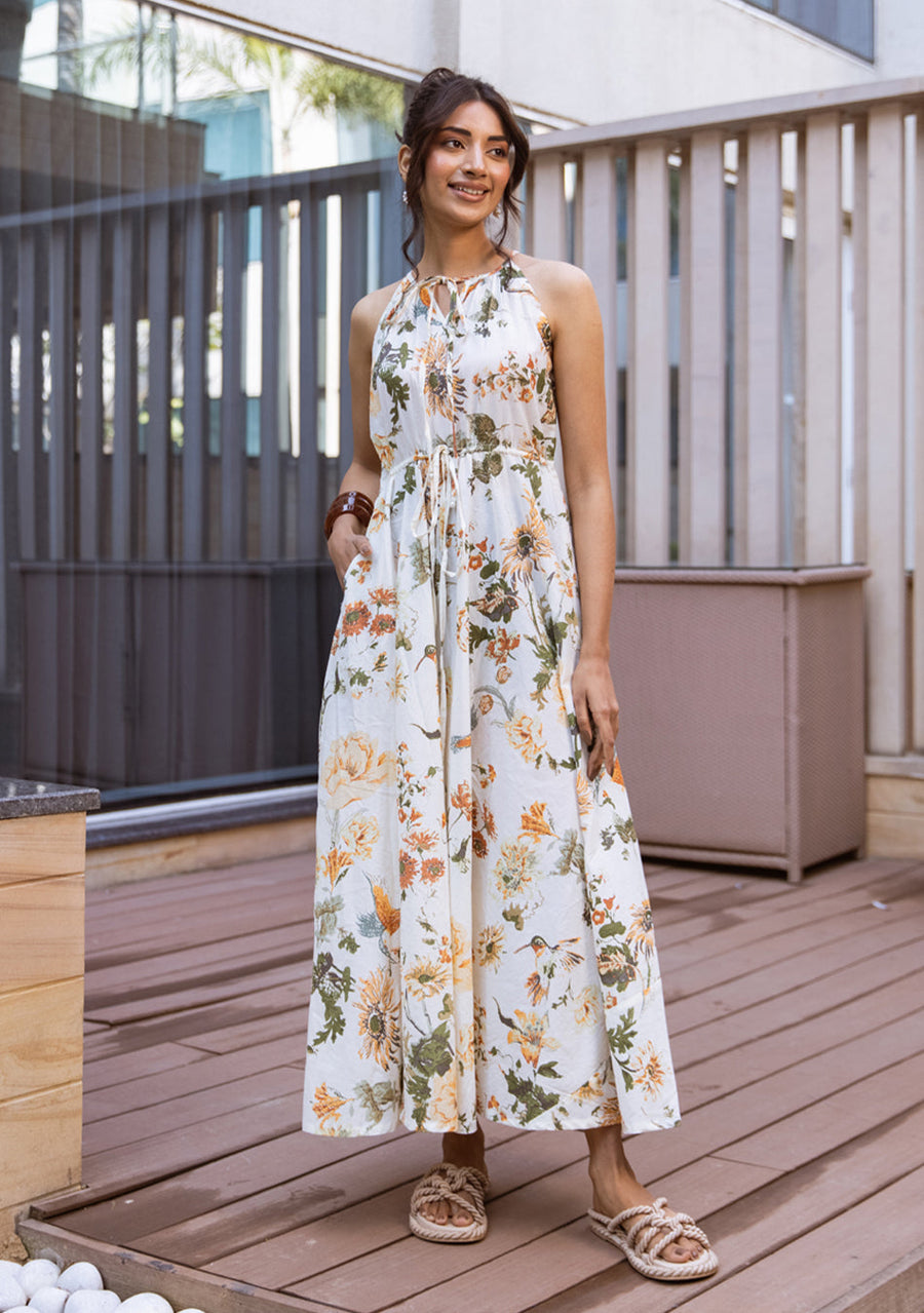 IVORY BOTANICAL HALTER MAXI DRESS
