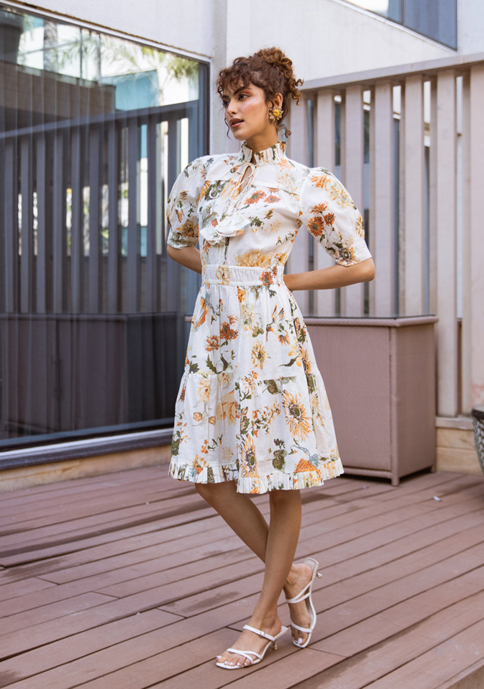 Ammanya Ivory Botanical Ruffle Midi Dress