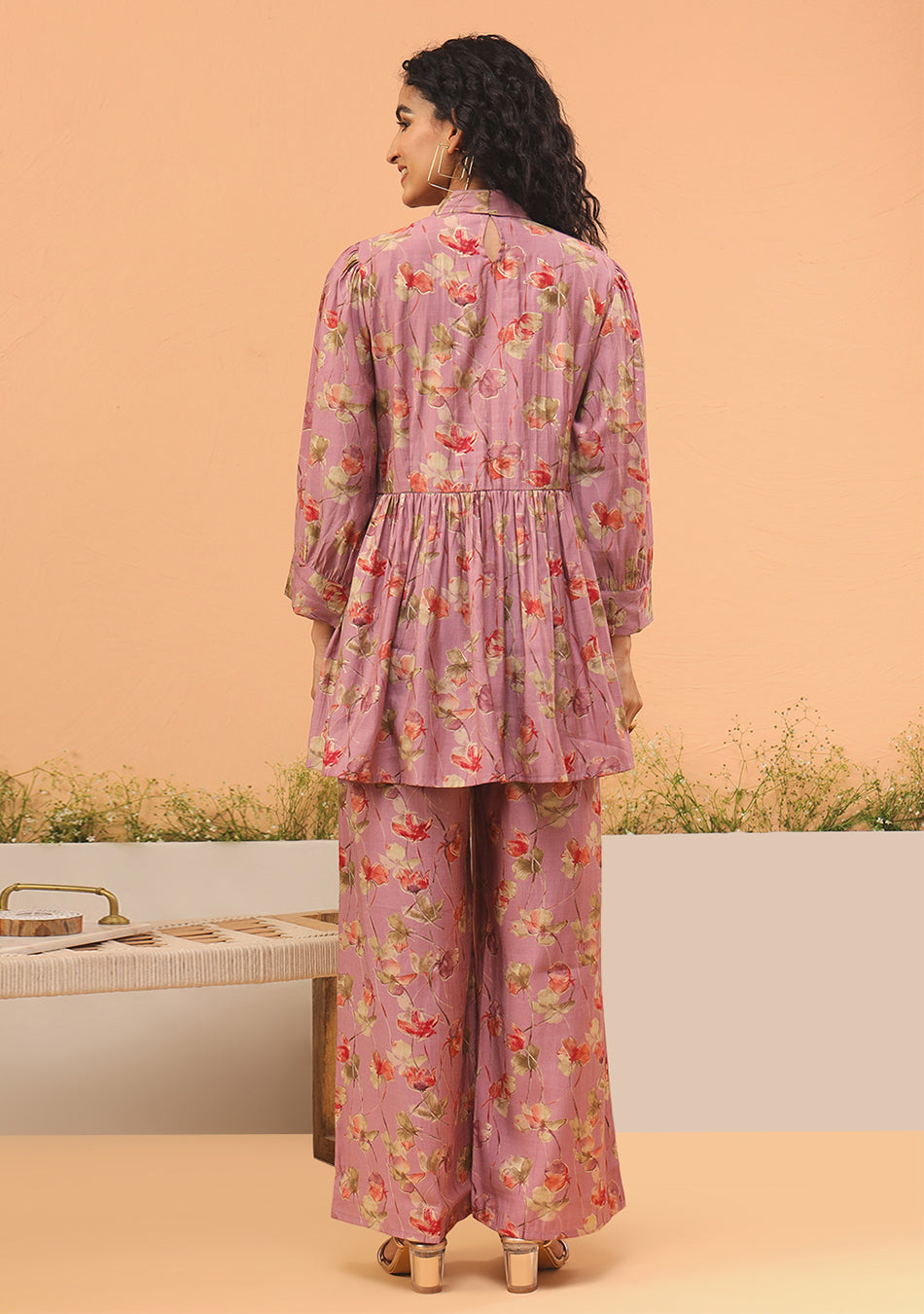 Ammanya Pink Floral Print Muslin Peplum Top With Bell-Bottom