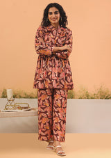 Maroon Floral Print Muslin Peplum Top With Bell-Bottom