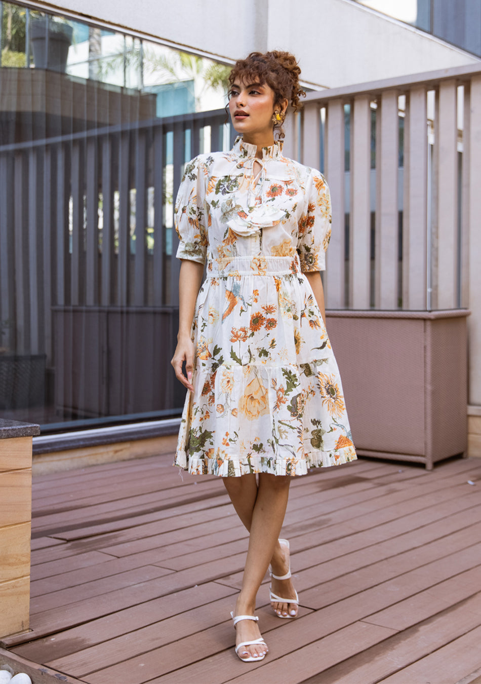 Ammanya Ivory Botanical Ruffle Midi Dress