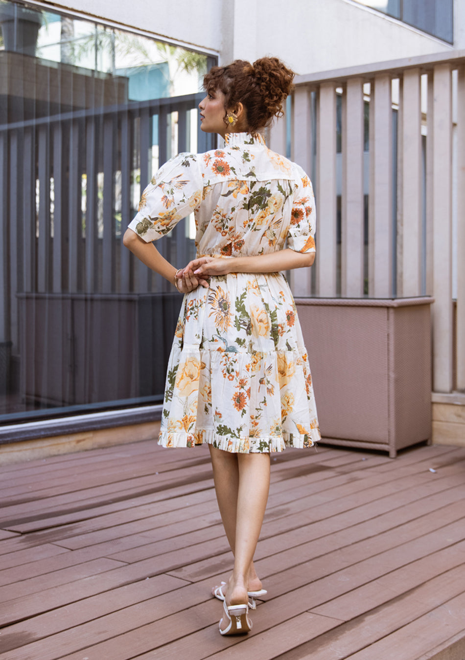 Ammanya Ivory Botanical Ruffle Midi Dress